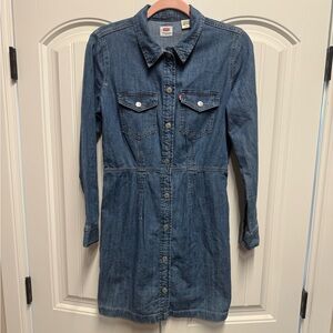 Levi’s Denim Jean Long Sleeve Dress, Snap Front With Pockets, Small